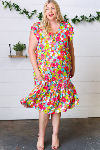 Multicolor Floral Boho Elastic Waist Ruffle Midi Dress