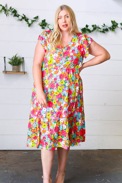 Multicolor Floral Boho Elastic Waist Ruffle Midi Dress