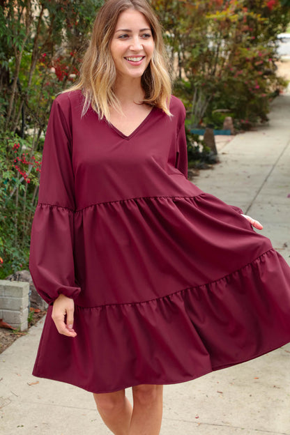 Burgundy V Neck Woven Swing Dress with Pockets