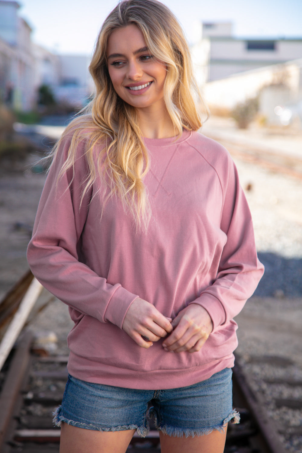 Mauve Cotton Raglan Reverse Cross Stitch Pullover