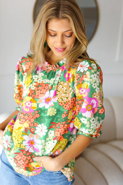 All For You Green Floral Print Frill Smocked Top