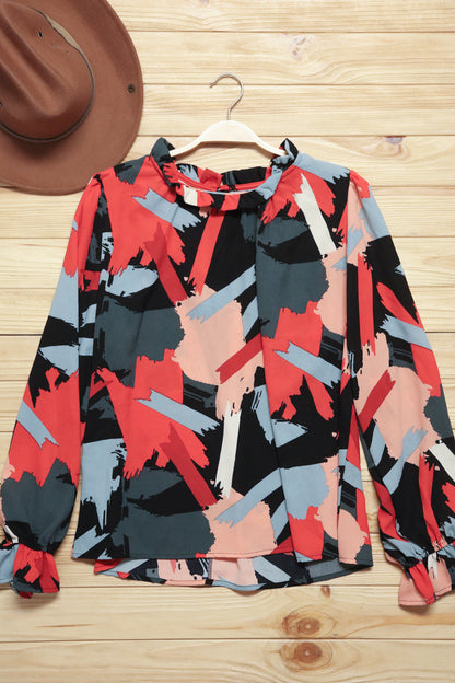 Black & Red Abstract Print Frill NeckTop