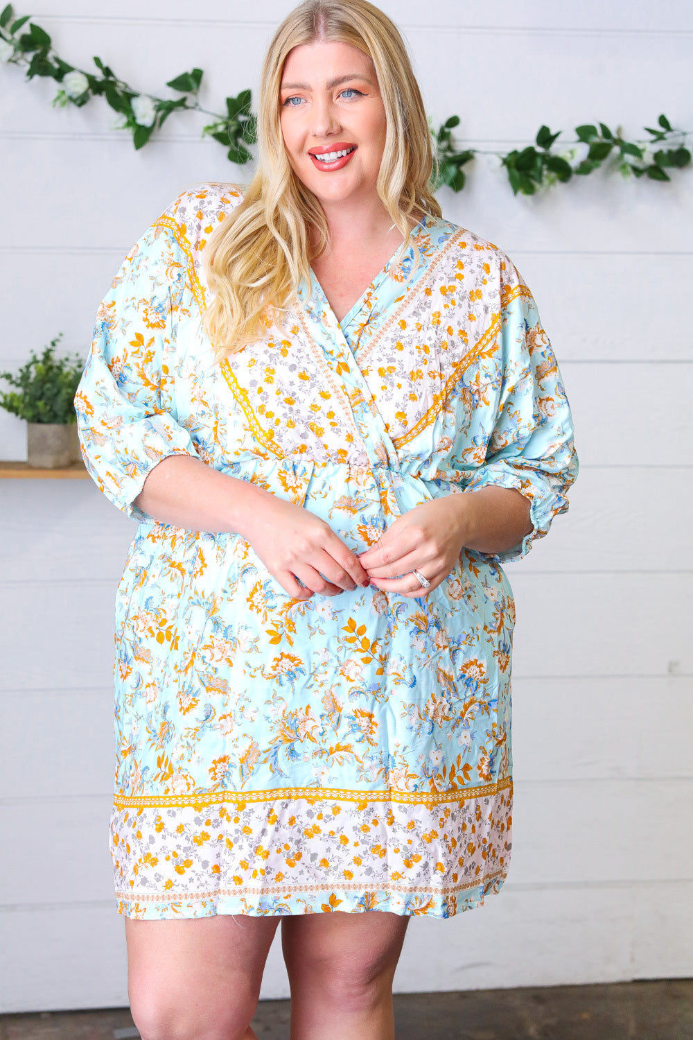 Light Blue Boho Challis Surplice Pocketed Dress