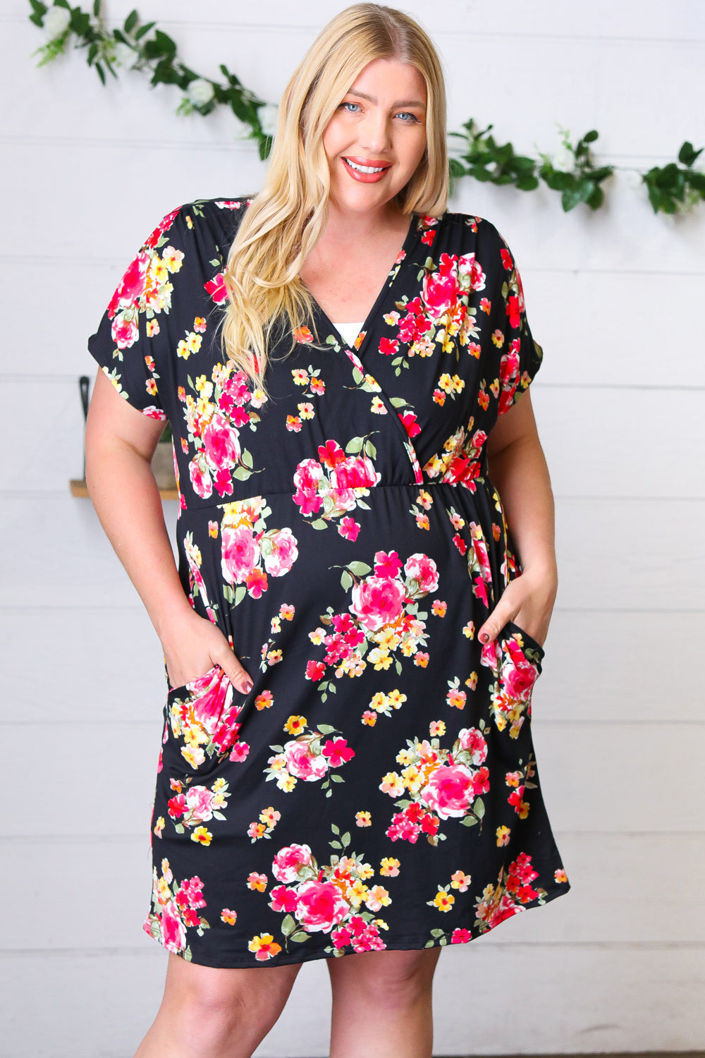 Black & Pink Floral Surplice V Neck Pocketed Dress