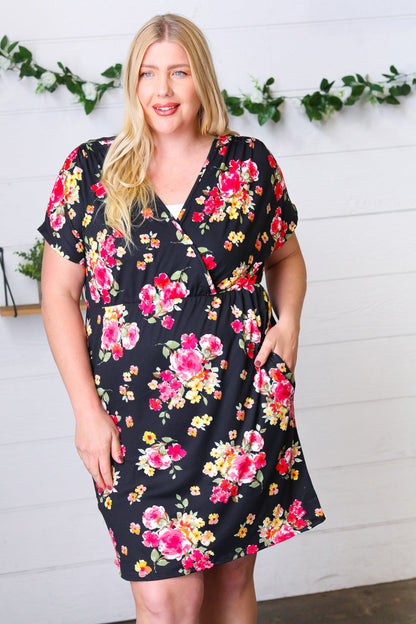 Black & Pink Floral Surplice V Neck Pocketed Dress