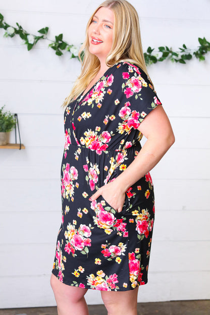 Black & Pink Floral Surplice V Neck Pocketed Dress