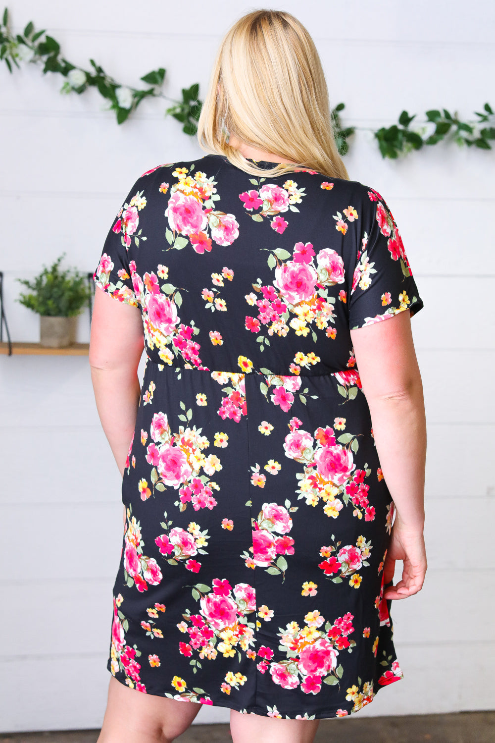 Black & Pink Floral Surplice V Neck Pocketed Dress