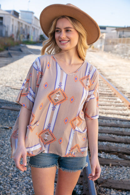 Taupe Mixed Aztec Front Pocket Poncho Top