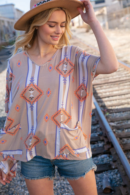 Taupe Mixed Aztec Front Pocket Poncho Top