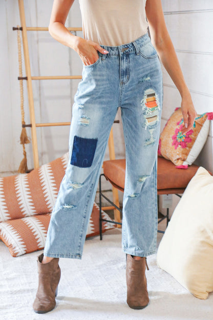 Cotton Washed High Waist Ripped Patchwork Straight Leg Jeans