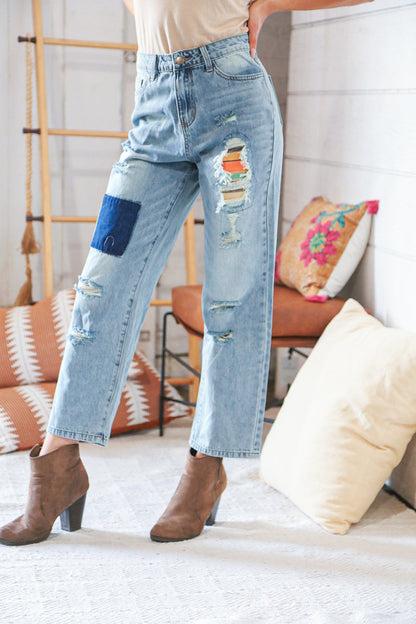 Cotton Washed High Waist Ripped Patchwork Straight Leg Jeans