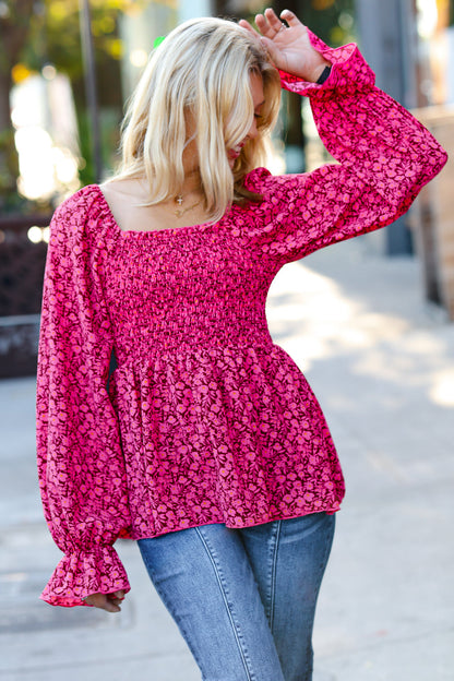 Always With You Fuchsia Smocked Ditzy Floral Ruffle Top