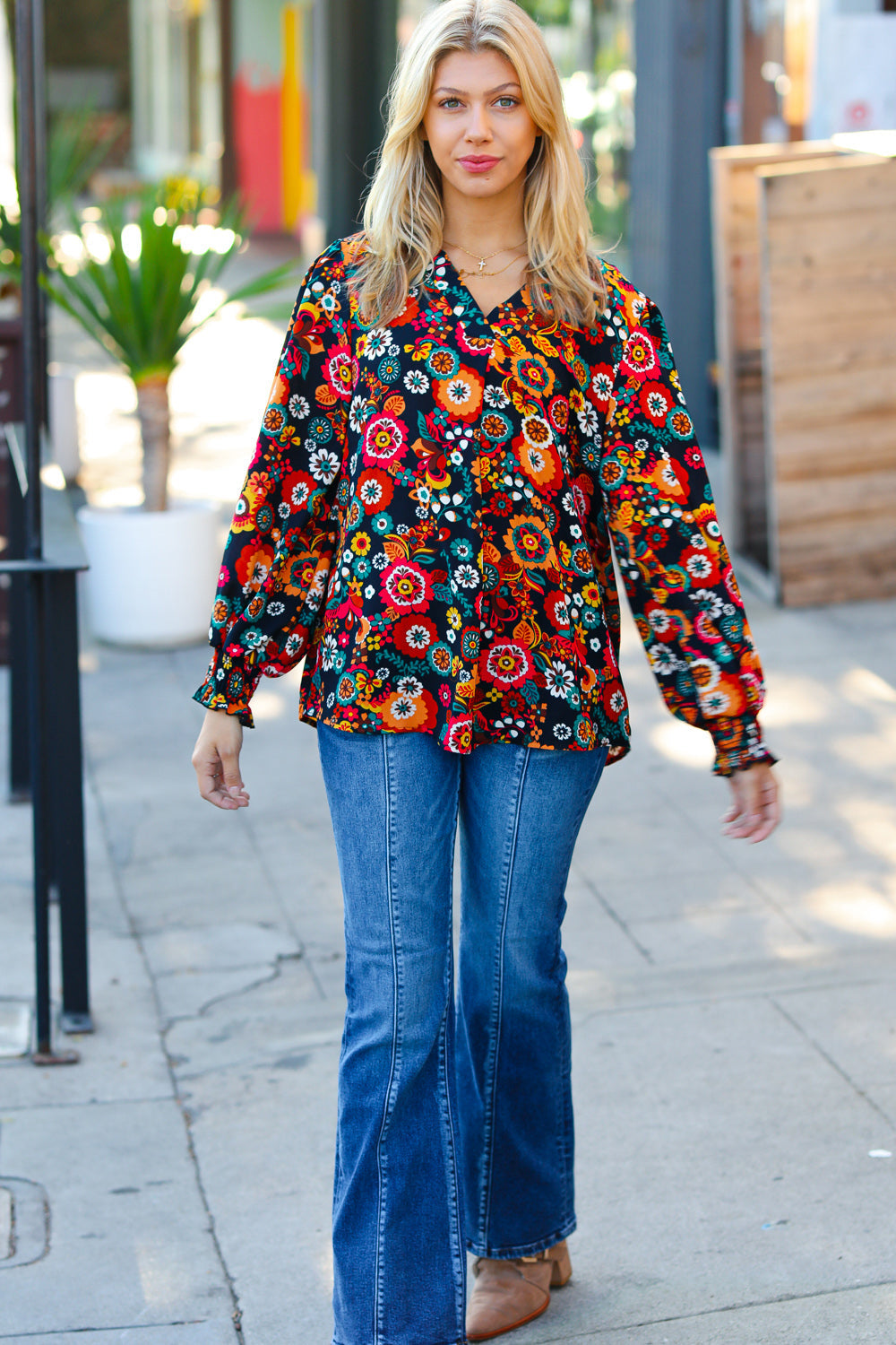 Black/Magenta Floral Ready For The Day Smocked Blouse