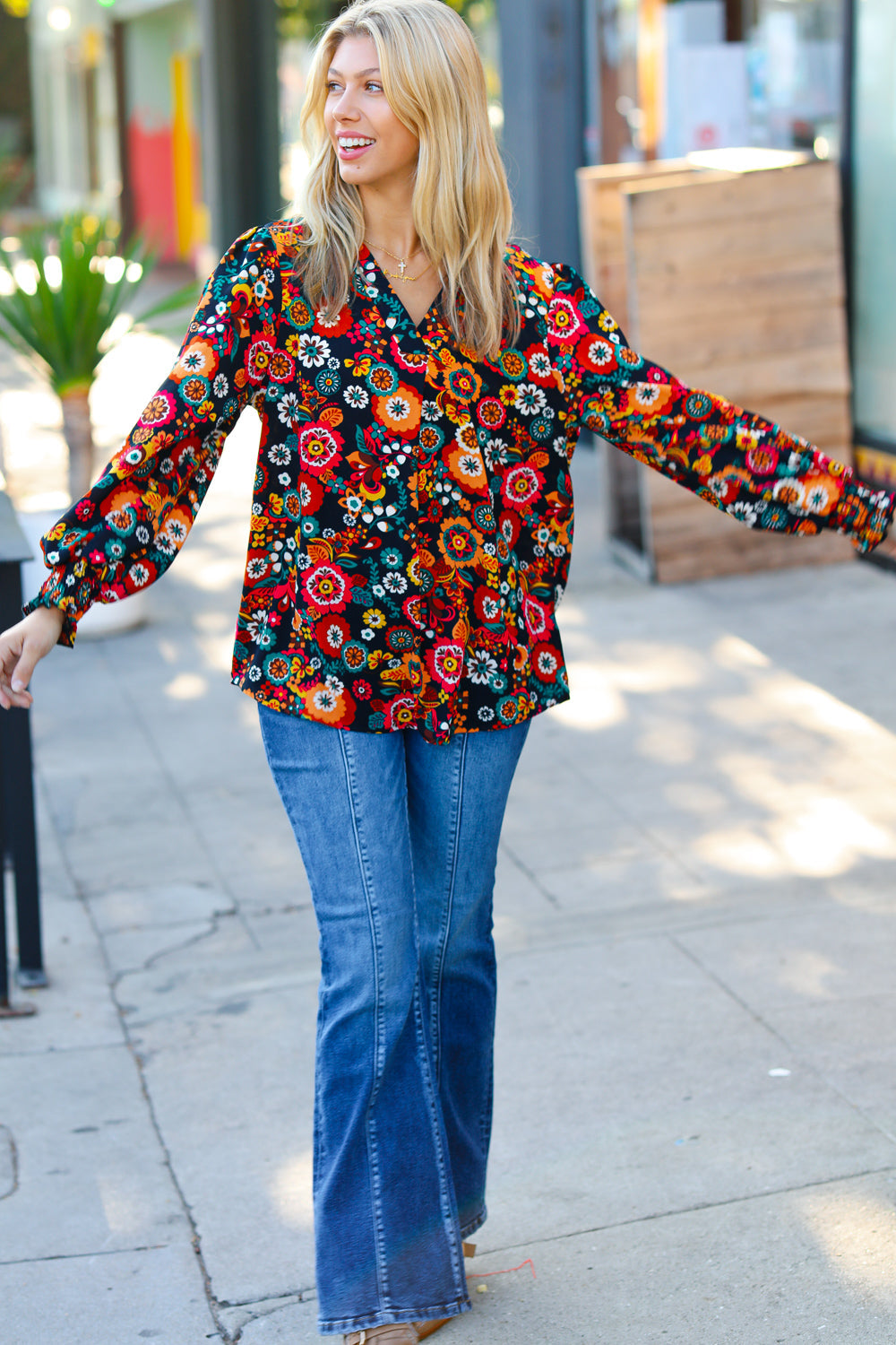 Black/Magenta Floral Ready For The Day Smocked Blouse