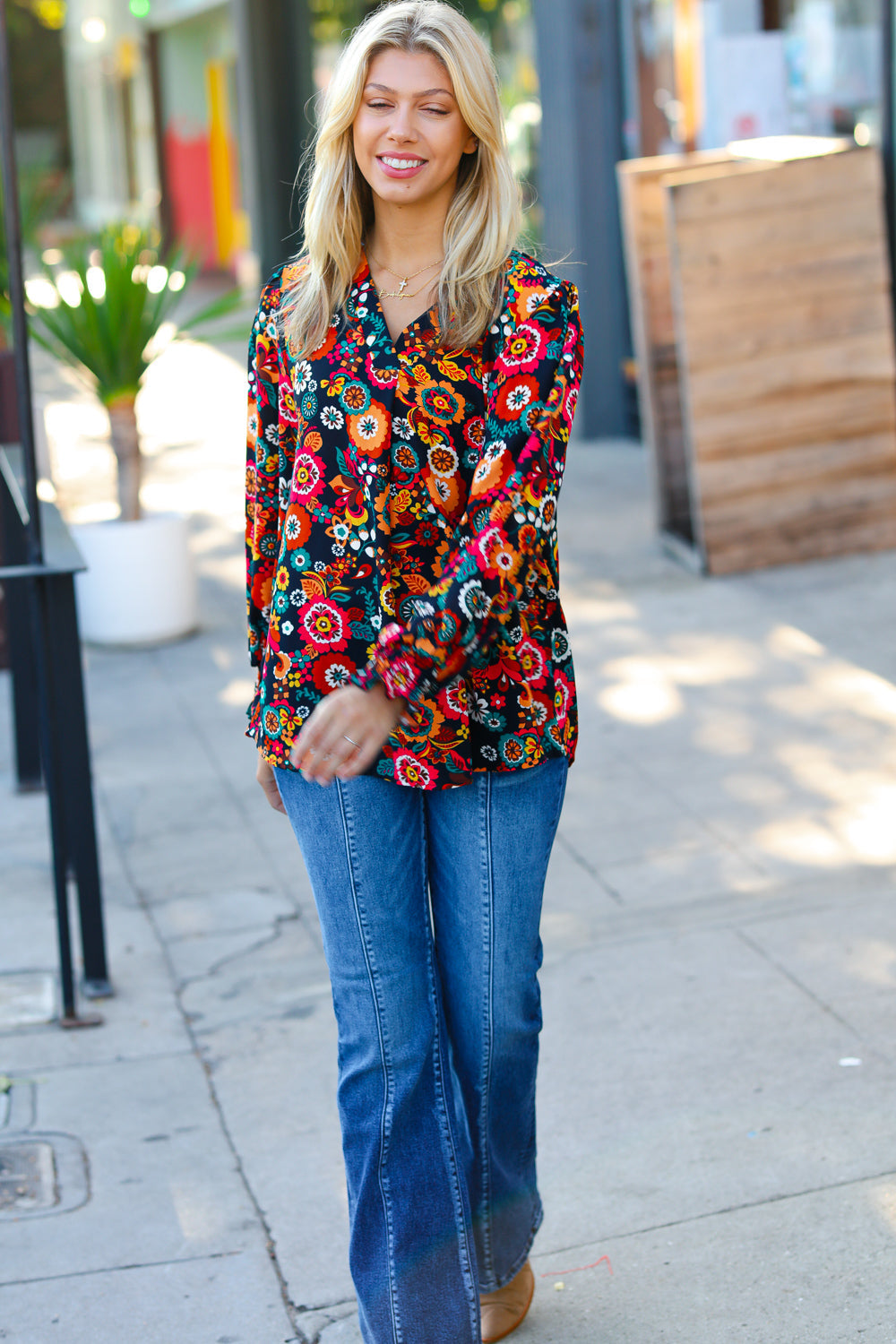 Black/Magenta Floral Ready For The Day Smocked Blouse