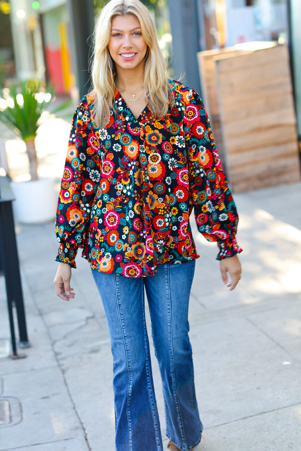 Black/Magenta Floral Ready For The Day Smocked Blouse