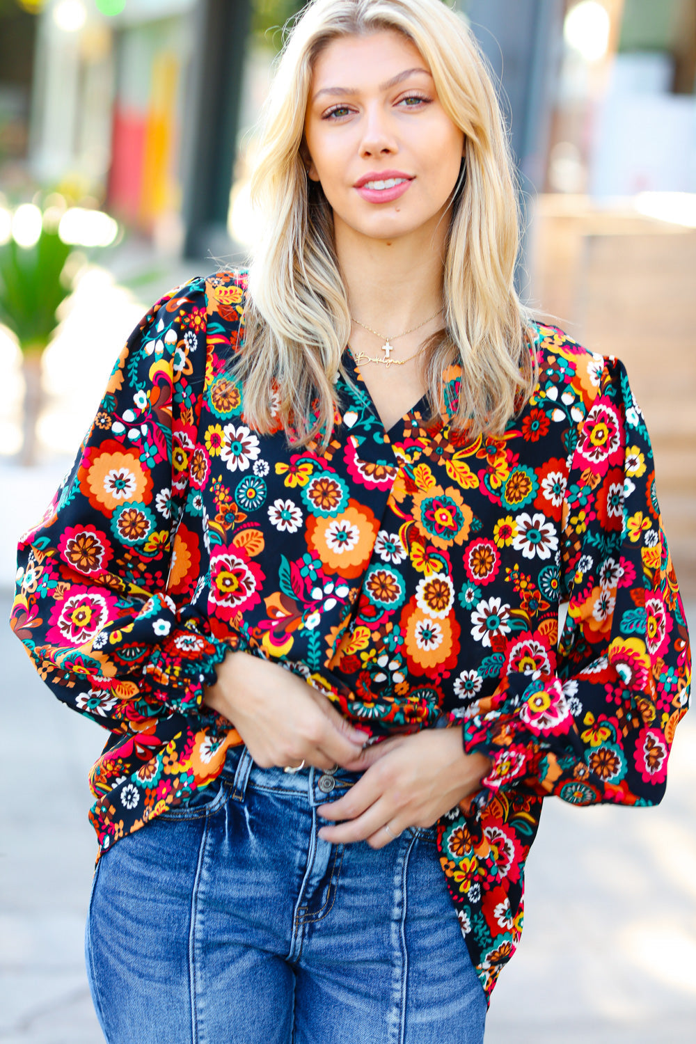 Black/Magenta Floral Ready For The Day Smocked Blouse