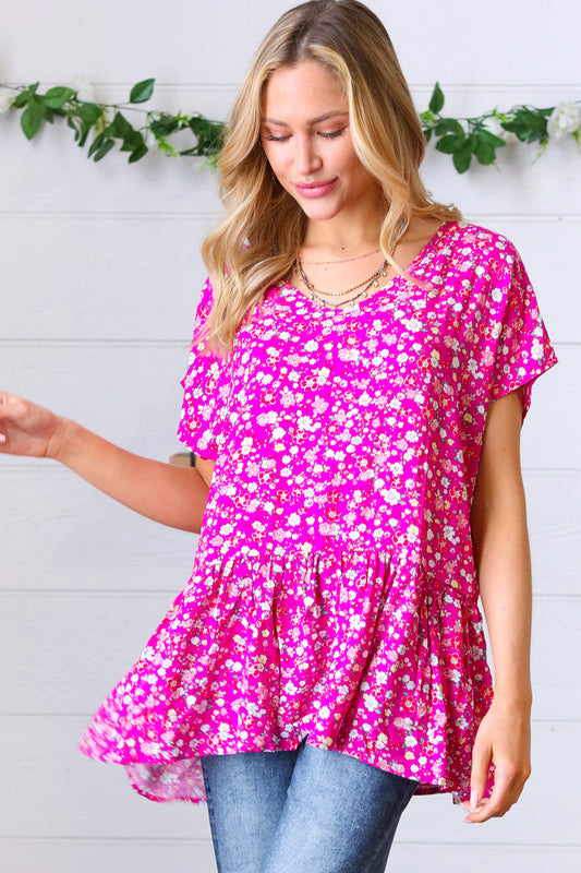 Fuchsia Floral Babydoll Woven Challis Top