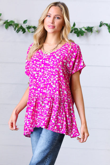 Fuchsia Floral Babydoll Woven Challis Top