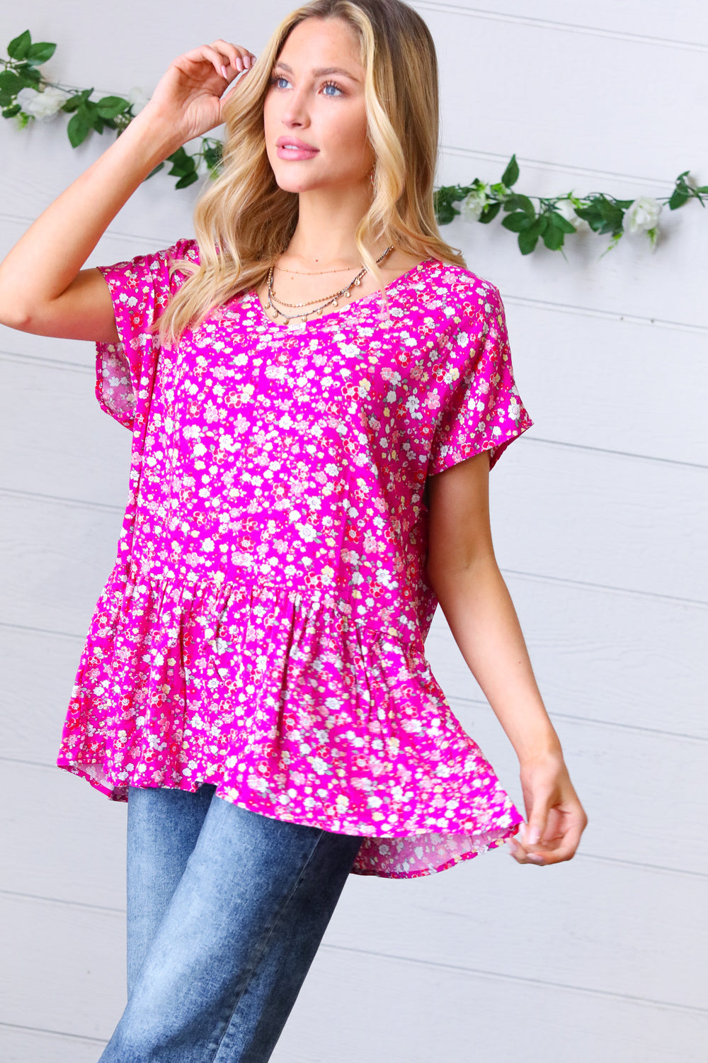 Fuchsia Floral Babydoll Woven Challis Top