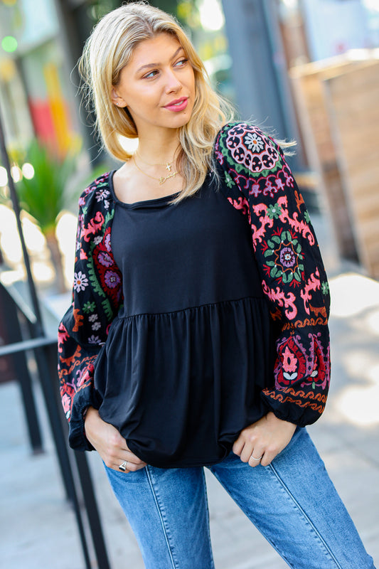 Black Square Neck Dueling Dreams Border Print Blouse