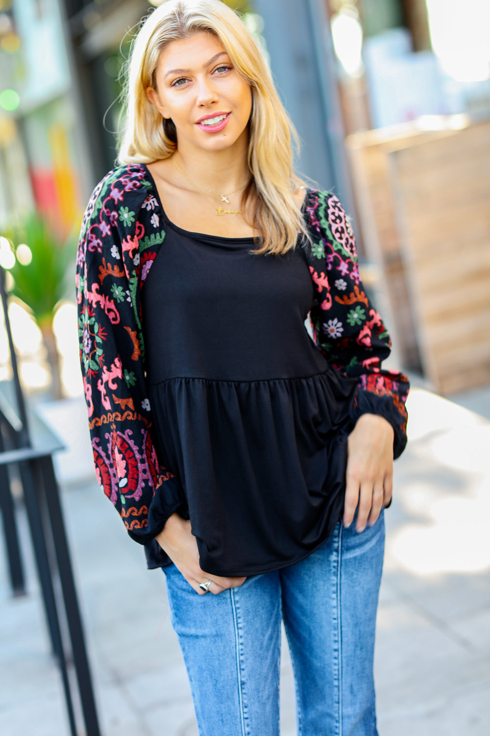 Black Square Neck Dueling Dreams Border Print Blouse