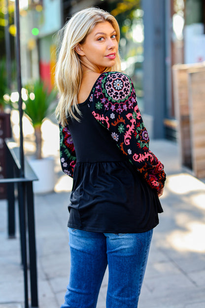 Black Square Neck Dueling Dreams Border Print Blouse