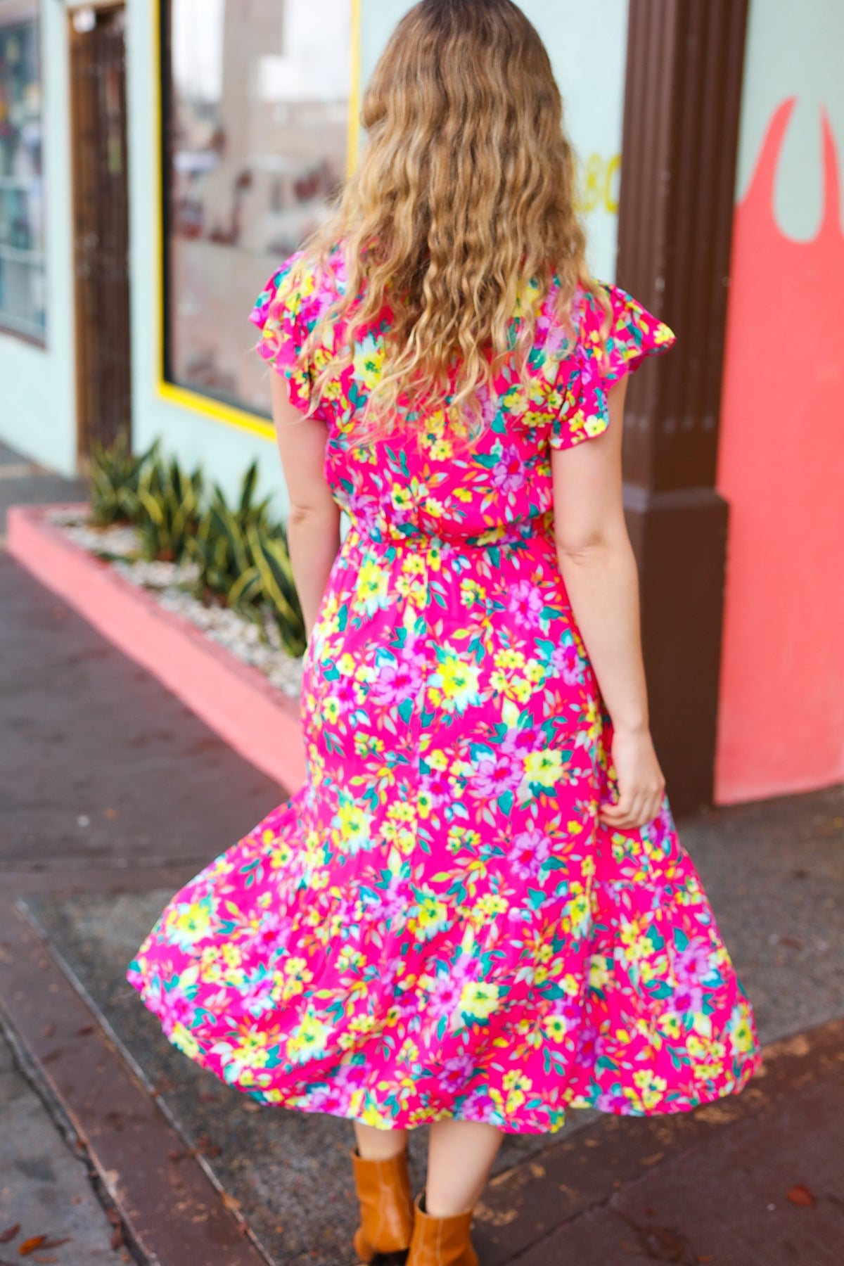 Fuchsia Floral Print Elastic Waist Ruffle Midi Dress