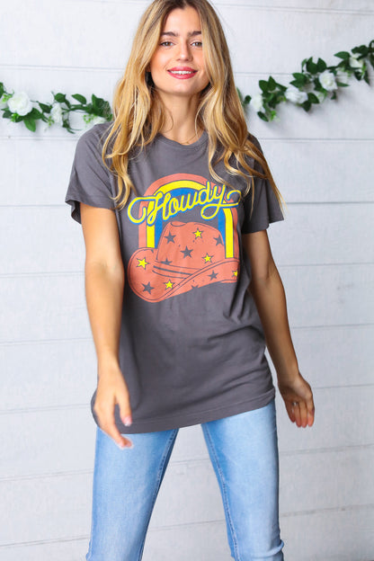 Grey Cotton Western Howdy Cowboy Graphic Tee