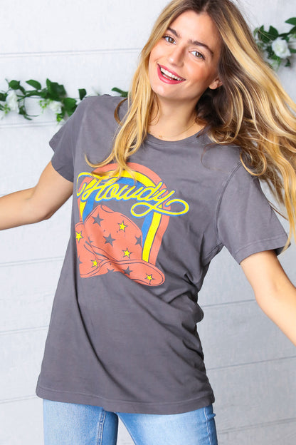 Grey Cotton Western Howdy Cowboy Graphic Tee