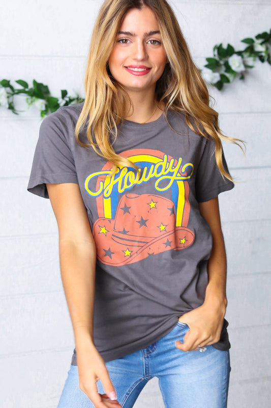 Grey Cotton Western Howdy Cowboy Graphic Tee