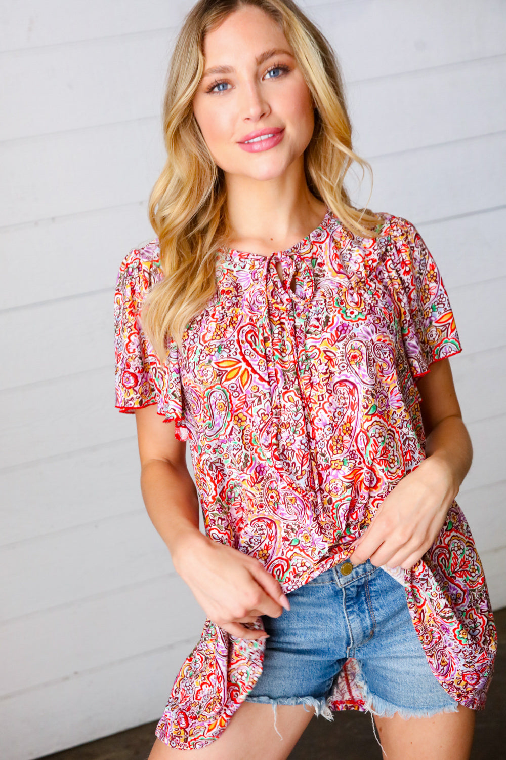 Multicolor Boho Paisley Print Tie Neck Dolman Top