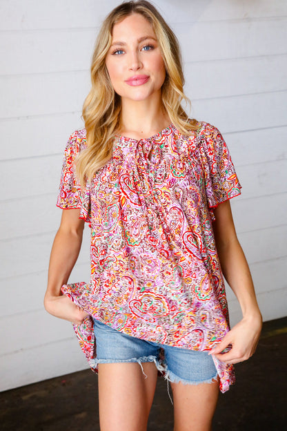 Multicolor Boho Paisley Print Tie Neck Dolman Top