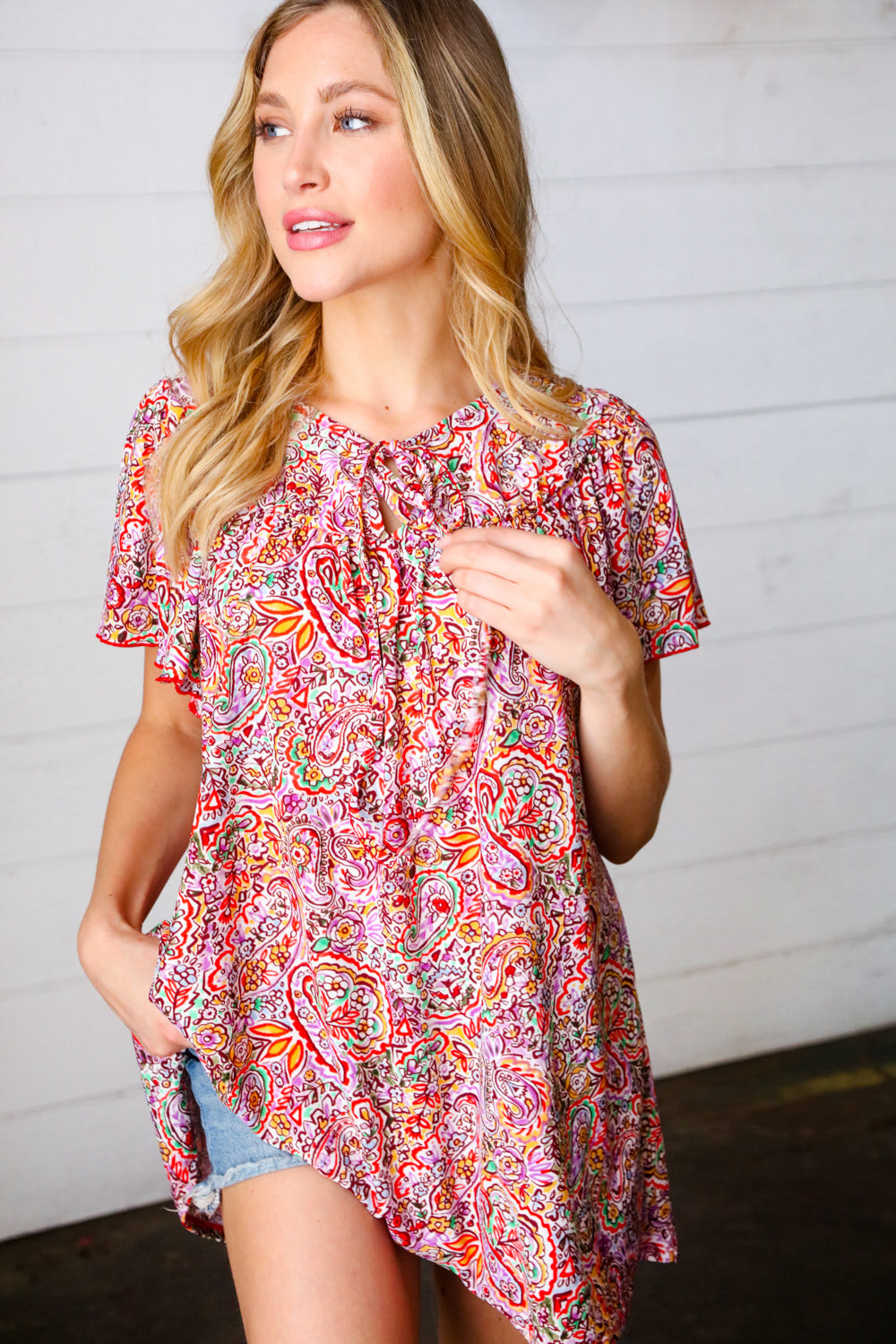 Multicolor Boho Paisley Print Tie Neck Dolman Top