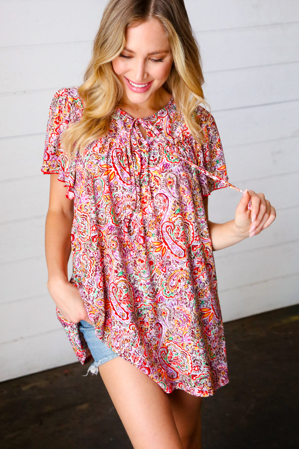 Multicolor Boho Paisley Print Tie Neck Dolman Top