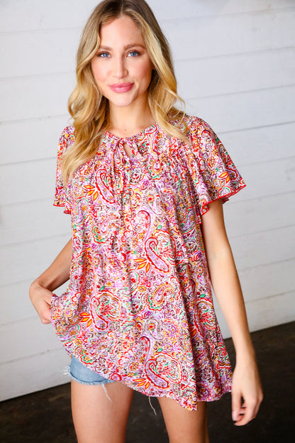 Multicolor Boho Paisley Print Tie Neck Dolman Top