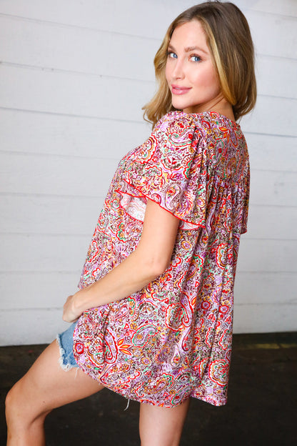 Multicolor Boho Paisley Print Tie Neck Dolman Top