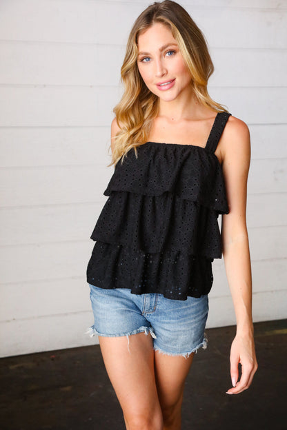 Black Eyelet Tiered Sleeveless Lined Top