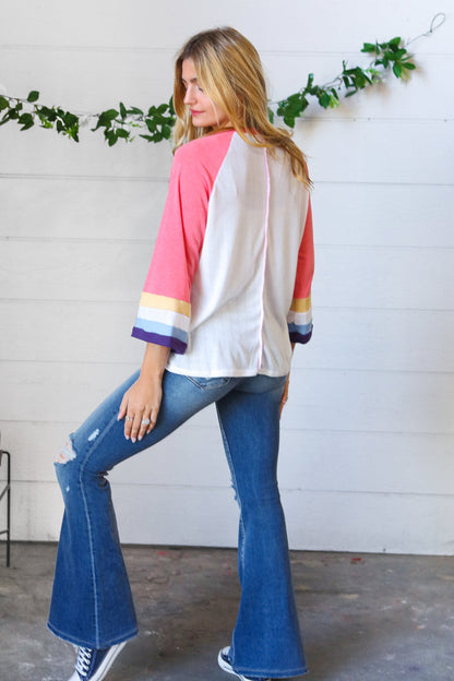 Pink Pointelle Color Block Wide Sleeve Pullover