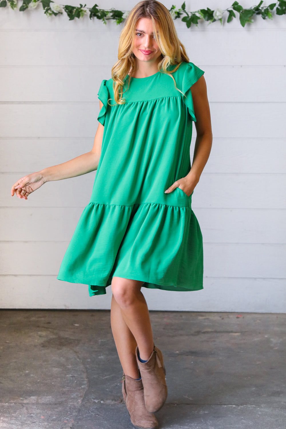 Green Yoke Poplin Woven Dress