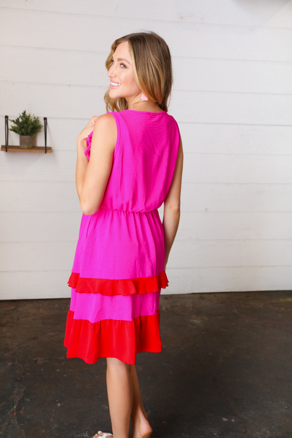 Fuchsia Ruffle V Neck Crepe Tiered Midi Dress