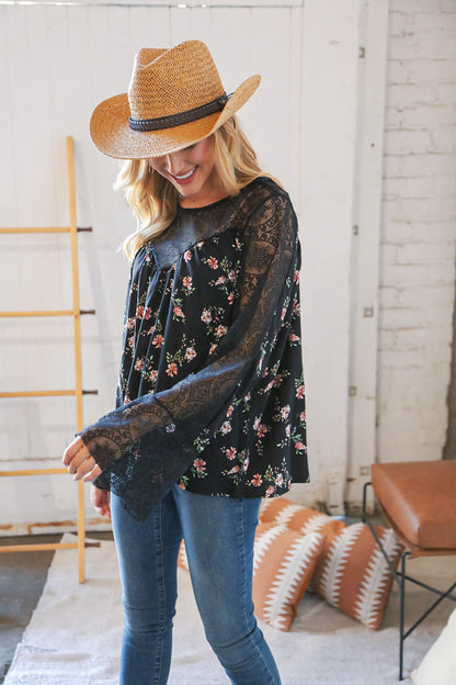 Black Floral Lace Color Block Bell Sleeve Blouse