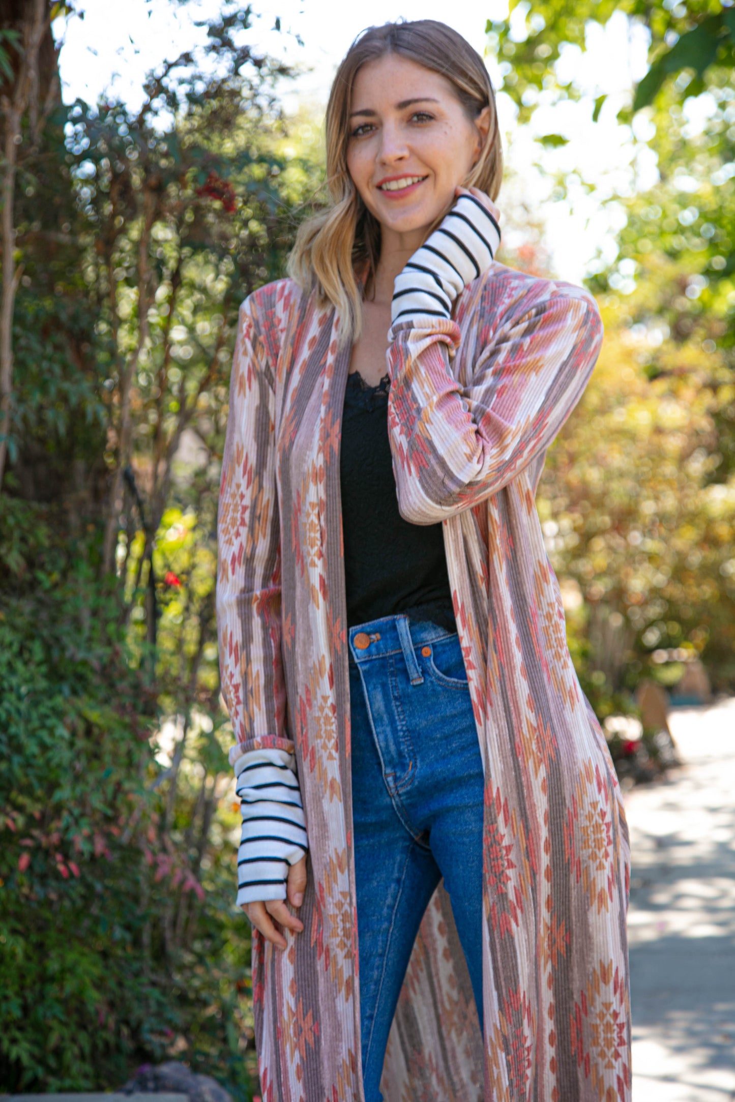 Aztec Printed Stripe Sleeve Open Cardigan