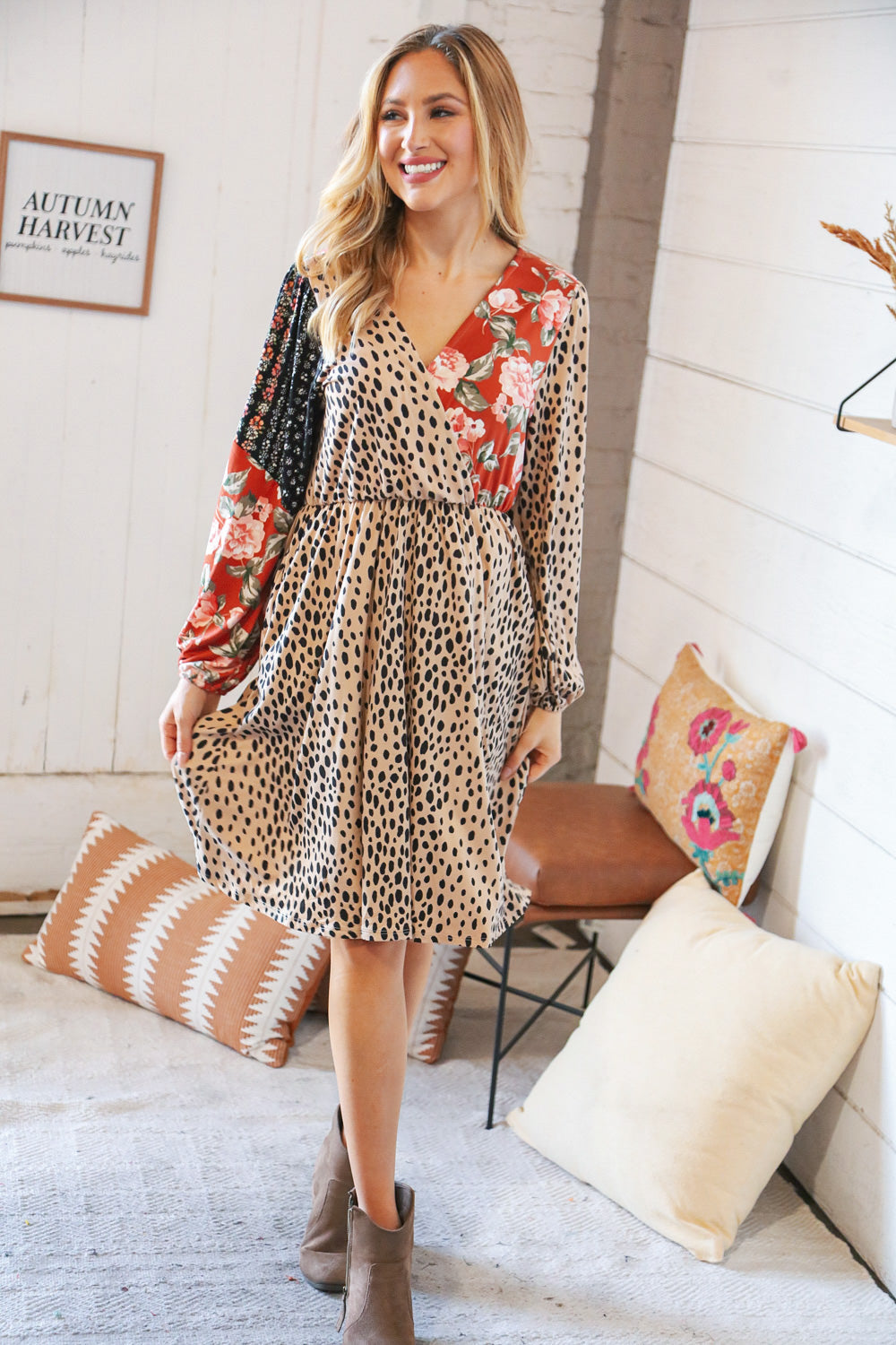 Cheetah Multi-Floral Color Block Surplice Dress