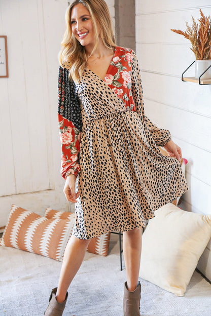 Cheetah Multi-Floral Color Block Surplice Dress