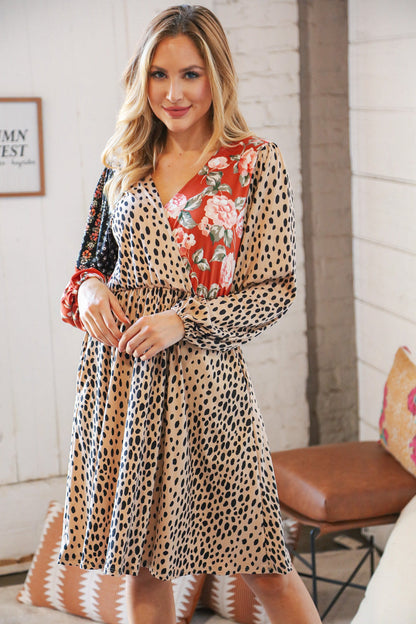 Cheetah Multi-Floral Color Block Surplice Dress