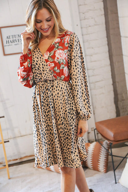 Cheetah Multi-Floral Color Block Surplice Dress