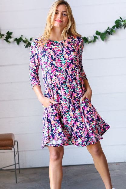 Navy Floral Flare Midi Dress