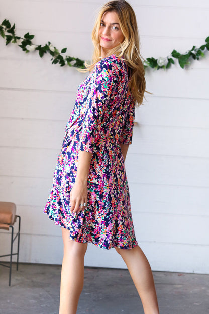 Navy Floral Flare Midi Dress