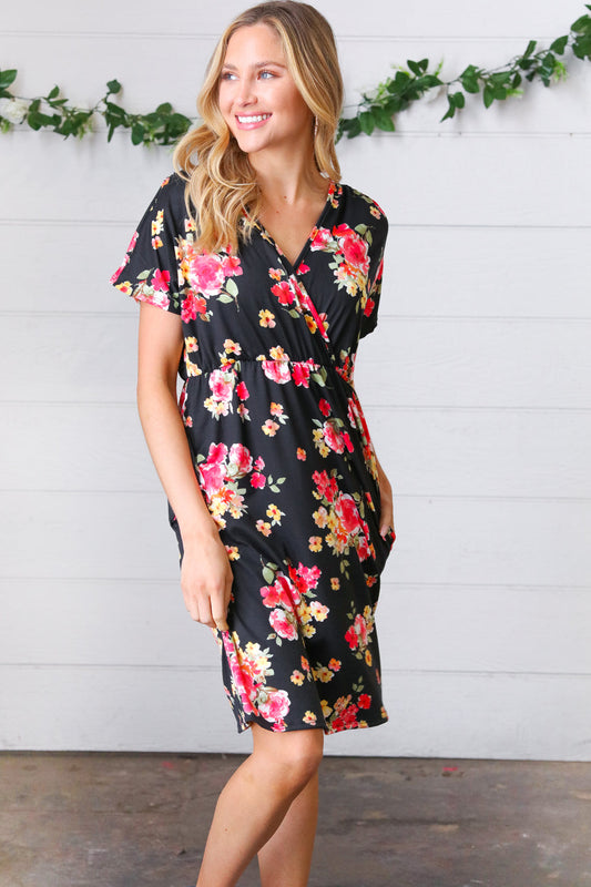 Black & Pink Floral Surplice V Neck Pocketed Dress